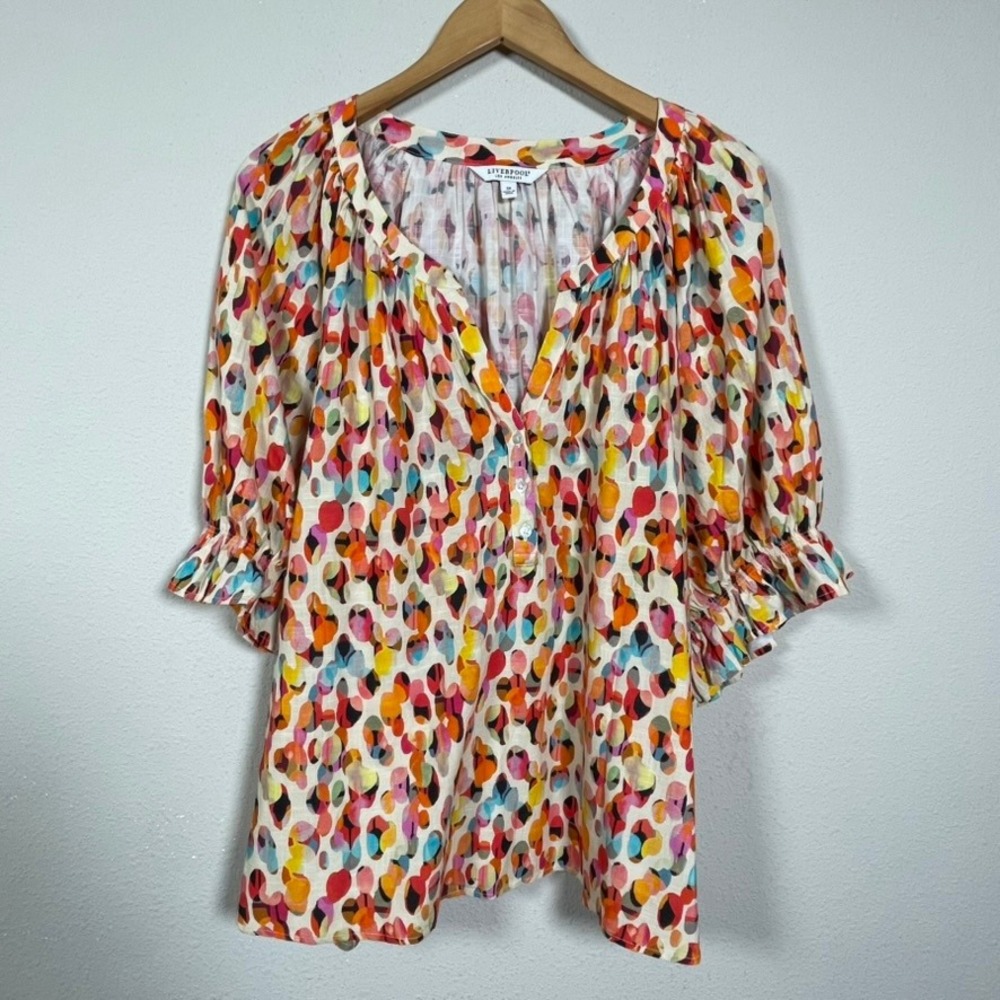 Liverpool Henley Blouse Women 3X Multicolor Boho Boho Dot Ruffle Sleeve Cotton